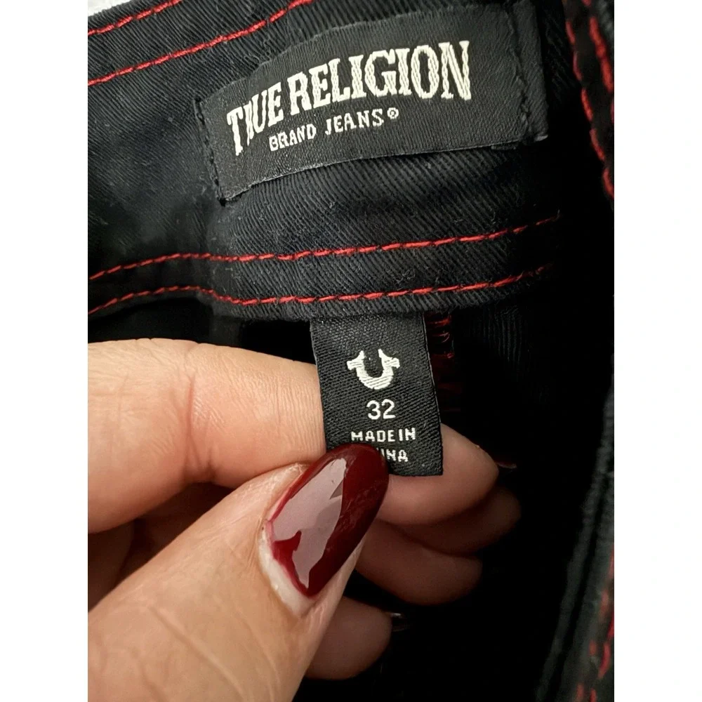 True Religion Mens 32 Black Cargo Pants Red Stitch Wide Leg Y2K Streetwear NWT